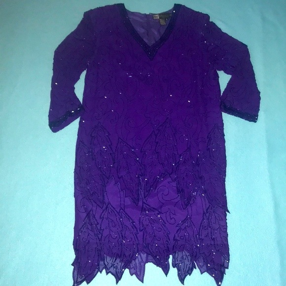 𝅺MORGAN TAYLOR Evening dress silk beaded long sleeve V-neck vintage size 8 - Picture 1 of 12